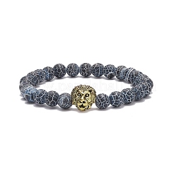 2Pcs 2 Style Natural Weathered Agate(Dyed) & Tiger Eye Round Beaded Stretch Bracelets Set with Alloy Lion&nbsp;BJEW-JB08654