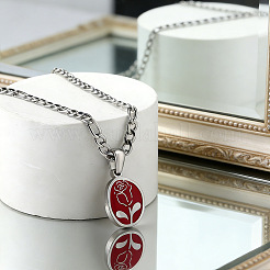 304 Stainless Steel Enamel Red Oval with Rose Flower Pendant Necklaces for Women&nbsp;WG6ED6B-01