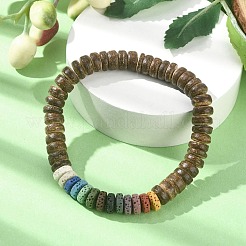 Dyed Natural Lava Rock & Coconut Rondelle Beaded Stretch Bracelet&nbsp;BJEW-JB09678