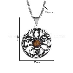 201 Stainless Steel Natural Tiger Eye Flower of Life Pendant Necklaces for Women&nbsp;WG7C937-01