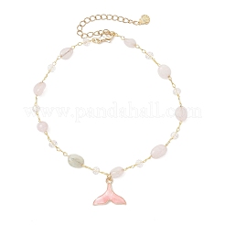 4Pcs 4 Styles Brass Handmade Natural Morganite & Amethyst & Labradorite & Green Onyx Agate(Dyed & Heated) Nuggets Link Chain Alloy Enamel Whale Tail Charm Anklets for Women&nbsp;AJEW-AN00709