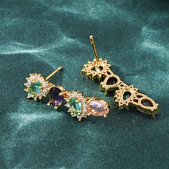 Brass Micro Pave Colorful Cubic Zirconia Stud Earrings for Women&nbsp;EJEW-F418-10G