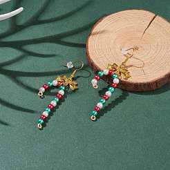 Glass Christmas Candy Cane with Alloy Bowknot Dangle Earrings&nbsp;EJEW-JE04971-01