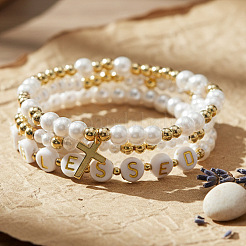 3Pcs Imitation Pearl Letter & Metal Cross Multi-Strand Bracelet Sets&nbsp;NP1361