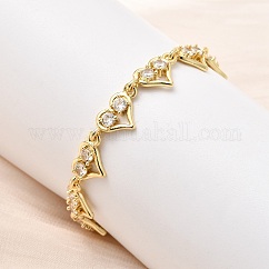 Heart Brass Micro Pave Cubic Zirconia Link Chain Bracelets, Rack Plating, Long-Lasting Plated, Cadmium Free & Lead Free, Real 18K Gold Plated, 5-7/8 inch(15cm)
