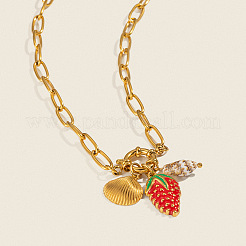 European Style 304 Stainless Steel Enamel Red Strawberry & Natural Shell Pendant Necklaces for Women&nbsp;FA9664