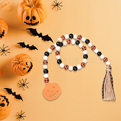 Halloween Round Natural Wood Beaded Wall Hanging Ornaments&nbsp;HJEW-WH20004-15