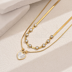 201 Stainless Steel Pave Natural Shell & Crystal Rhinestone Heart Pendant Double Layer Necklaces for Elegant Ladies' Date Party&nbsp;VQ9886