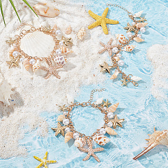 3Pcs Natural Conch Shell & Alloy Starfish & CCB Plastic Pearl Charm Bracelet&nbsp;BJEW-PH0004-35