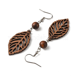 Leaf Natural Walnut Wood Dangle Earrings for Women&nbsp;EJEW-JE06101-01