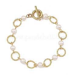 Natural Cultured Freshwater Pearl Beads & Brass Open Jump Rings Link Bracelets for Women&nbsp;BJEW-JB14113