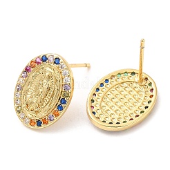 Rack Plating Brass Oval with Virgin Mary Stud Earrings with Colorful Cubic Zirconia&nbsp;EJEW-A103-04G