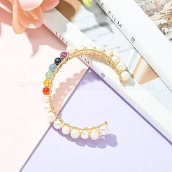 Natural Pearl Bead & Mixed Gemstone Beads Cuff Bangles for Women Girl Gift&nbsp;BJEW-JB06826-03