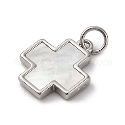 Brass Pave Natural White Shell Cross Pendants&nbsp;KK-P308-01P