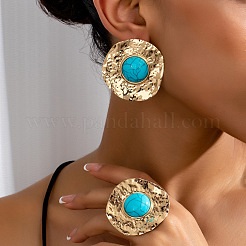 Flat Round Alloy & Synthetic Turquoise Ring & Stud Earring Sets&nbsp;FS-WG73FC1-02