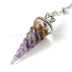 Resin Dowsing Pendulum Pendants with Natural Amethyst Chips inside and Iron Chain & Alloy Caps&nbsp;GG-CBAEAD2-01B