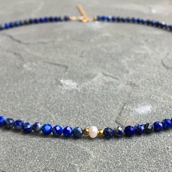 Faceted Round Natural Lapis Lazuli & Natural Freshwater Pearl Beaded Necklaces for Women&nbsp;FS-WGC44BB-01