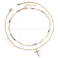 Colorful Natural Mixed Stone and Imitaiton Pearl Beaded Double Layered Necklaces with Stainless Steel Religion Cross Pendant&nbsp;MK2269