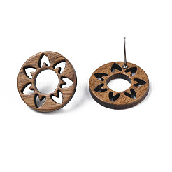 Donut with Flower Walnut Wood Stud Earrings with 316 Stainless Steel Pin for Women&nbsp;EJEW-N017-007
