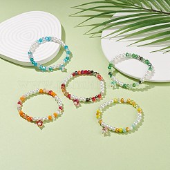 Glass Pearl & Flower Beaded Stretch Bracelet with Bell Charm for Women&nbsp;BJEW-JB08513