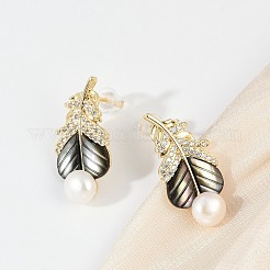 Feather Brass Clear Cubic Zirconia Stud Earrings&nbsp;KK-D301-12G