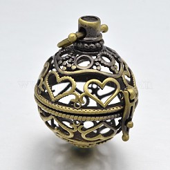 Round with Heart Brass Hollow Cage Pendants&nbsp;KK-P026-08AB-NR