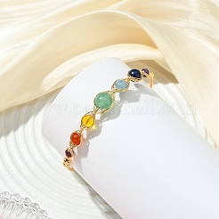 Chakra Herringbone Wire-Wrapped Gemstone Brass Cuff Bangles&nbsp;BJEW-JB14035