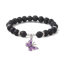 Natural Lava Rock & Black Agate Round Beaded Stretch Bracelet&nbsp;BJEW-JB10010