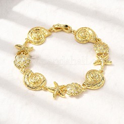 Summer Beach Brass Micro Pave Clear Cubic Zirconia Starfish & Shell Shape Link Chain Bracelets&nbsp;BJEW-C118-02A-G