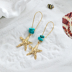 Alloy & Synthetic Turquoise Chip Hoop Earrings&nbsp;FS-WG5F607-01