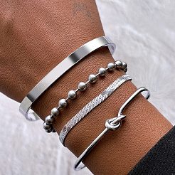 4Pcs 304 Stainless Steel Chain Bracelets & Cuff Bangles Sets for Women Men&nbsp;BJEW-F505-02P