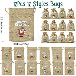 12Pcs 12 Styles Christmas Printed Burlap Packing Pouches Drawstring Bags&nbsp;ABAG-FS0001-03A