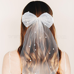 2Pcs 2 Colors Bowknot Long Mesh Tulle Bridal Veils with Hair Barrettes & Imitation Pearl&nbsp;OHAR-GO0001-10