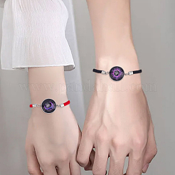 1 Set 2Pcs Valentine's Day Luminous 304 Stainless Steel Glass Flat Round Link Bracelet Sets&nbsp;BJEW-LP0001-35B