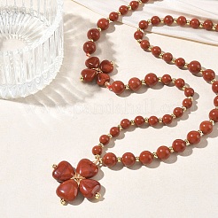 Saint Patrick's Day Natural Red Jasper Clover Pendant Round Beaded Necklaces with Brall Heart OT Clasps&nbsp;NJEW-G202-02G-04