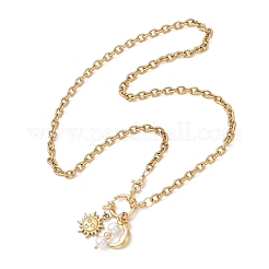 Round White Shell Pearl & 304 Stainless Steel Sun Moon Pendant Necklaces&nbsp;NJEW-JN05649
