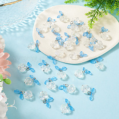 30Pcs Transparent Glass Flower Pendants with Deep Sky Blue Acrylic Leaf&nbsp;PALLOY-TAC0241