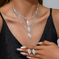 Brass Crystal Rhinestone Leaf Stud Earrings & Multilayer Necklaces Sets for Women&nbsp;WGF939A-01