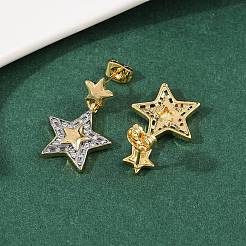 Brass Micro Pave Clear Cubic Zirconia Star Dangle Stud Earrings&nbsp;EJEW-L275-04GP