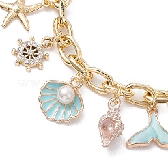 Summer Beach Starfish & Shell Shaped Alloy Enamel & ABS Plastic Imitation Pearl Charm Bracelets&nbsp;BJEW-JB10539
