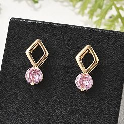 Rhombus & Flat Round Brass Micro Pave Cubic Zirconia Stud Earrings for Women&nbsp;EJEW-G428-20G-04