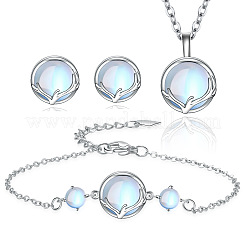 Flat Round with Deer Horn Pattern Brass & Resin Imitation Moonstone Pendant Necklaces & Stud Earrings & Link Bracelets Sets&nbsp;WG9EF84-07-1