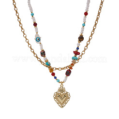 Handmade Natural Mixed Stone Beaded Double Layer Necklaces with Stainless Steel Sacred Heart Pendant for Women Daily Wear&nbsp;OB9788-1