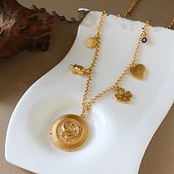 Brass Micro Pave Clear Cubic Zirconia Coin Clover Heart Multi Pendant Necklaces for Women&nbsp;WG98C8B-01