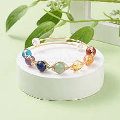 Mixed Stone & Natural Pearl Beads Wire Wrapped Cuff Bangle&nbsp;BJEW-JB07507