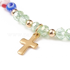 Millefiori Glass Beaded Stretch Bracelet with 304 Stainless Steel Cross Charm for Women&nbsp;BJEW-JB08521