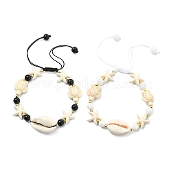 2Pcs Natural Cowrie Shell & Black Tourmaline & Malaysia Jade Beads & Synthetic Turquoise Beaded Adjustable Bracelets Set for Women&nbsp;BJEW-JB13917