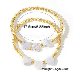 2Pcs 2 Styles European Cross Heart Natural Shell and Brass Round Beaded Stretch Bracelet Sets&nbsp;AC5817-1