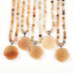 Natural Topaz Jade 4.5mm Round Beaded Flower Pendant Necklaces&nbsp;NJEW-T016-04N