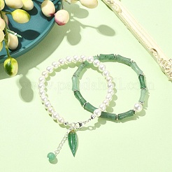 2Pcs 2 Style Natural Green Aventurine Bamboo & Shell Pearl Beaded Stretch Bracelets Set&nbsp;BJEW-TA00309